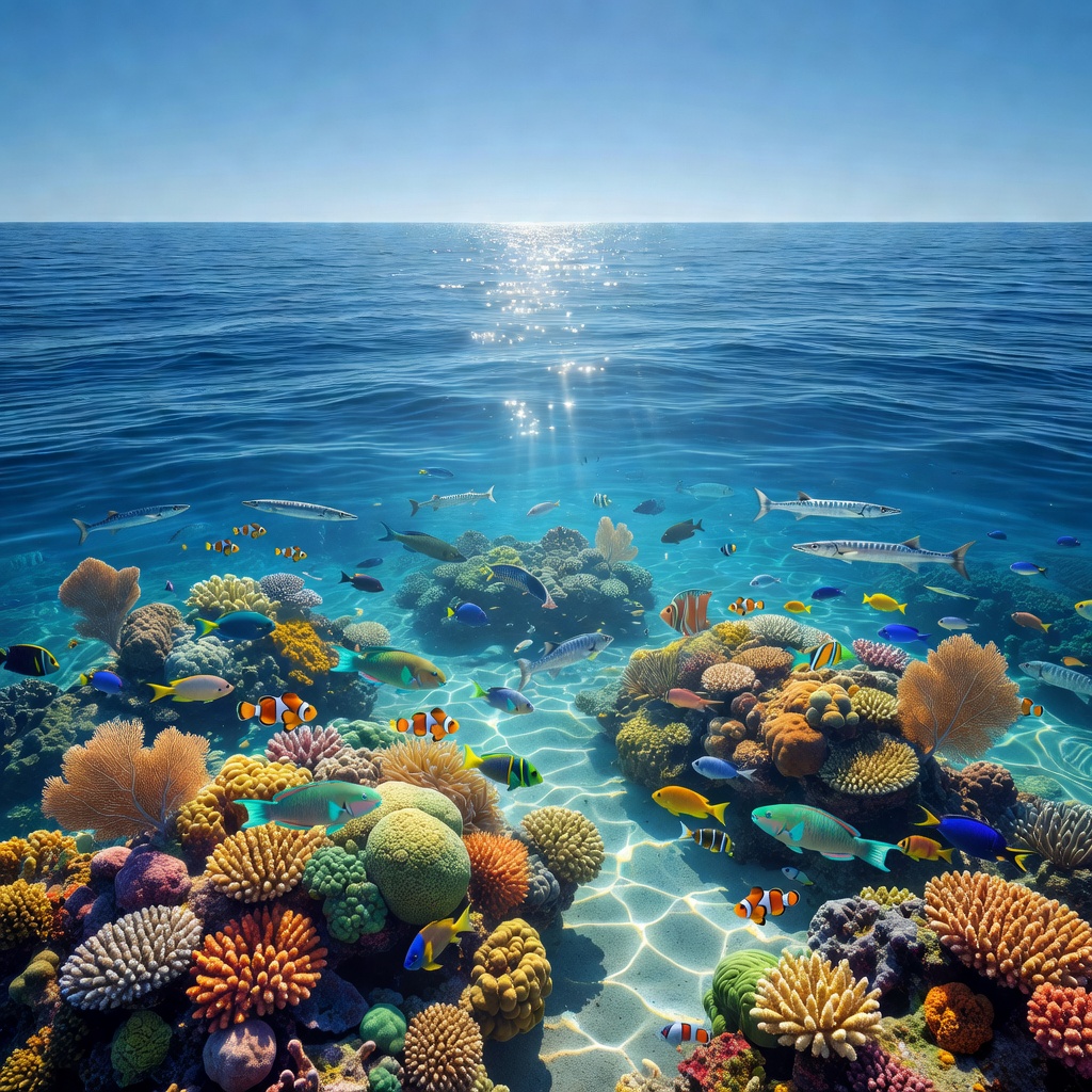 原始開闊海洋：陽光穿過清澈海水照在珊瑚礁上，沒有人工痕跡
