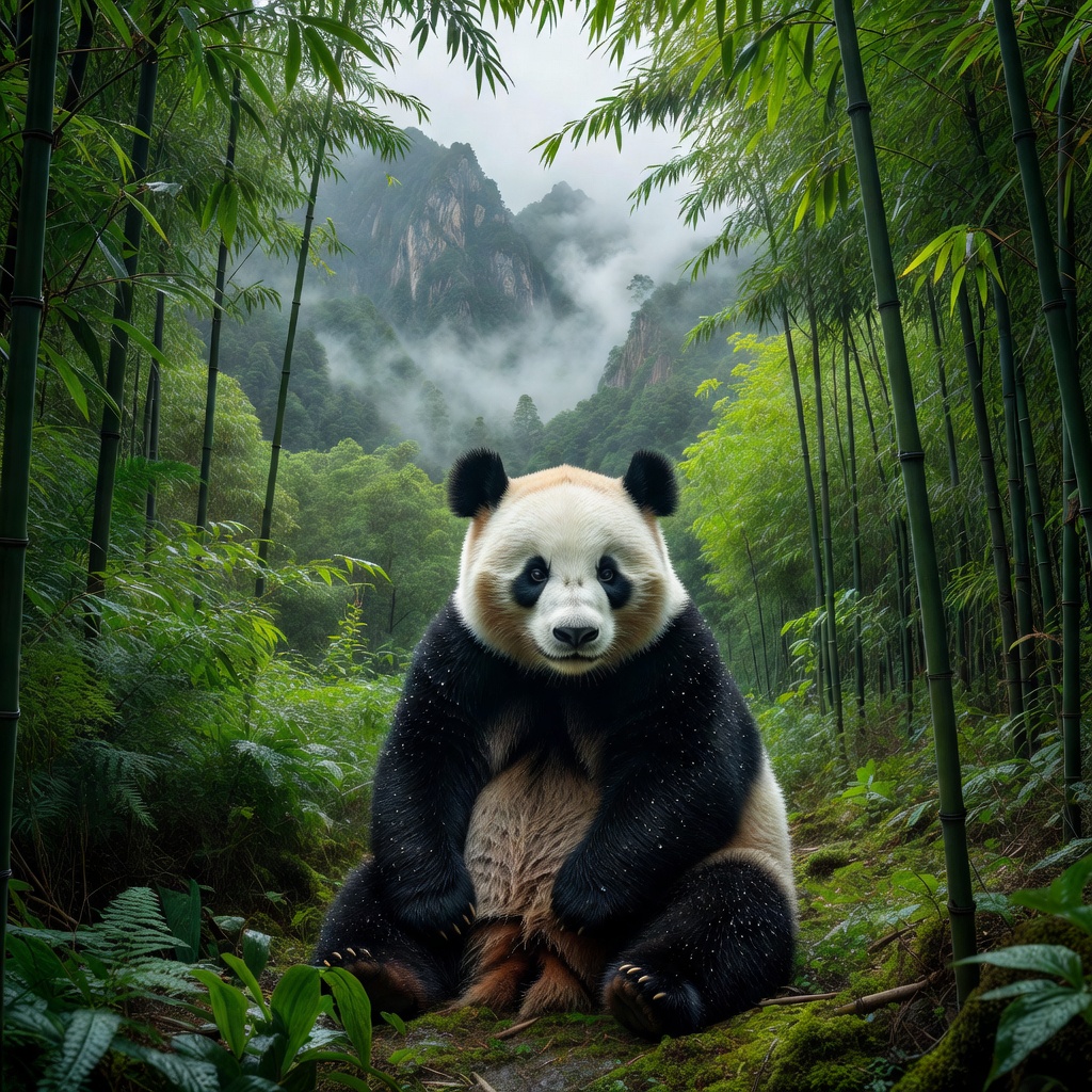 雲霧竹林中的大貓熊，坐在翠綠竹叢裡咀嚼竹葉