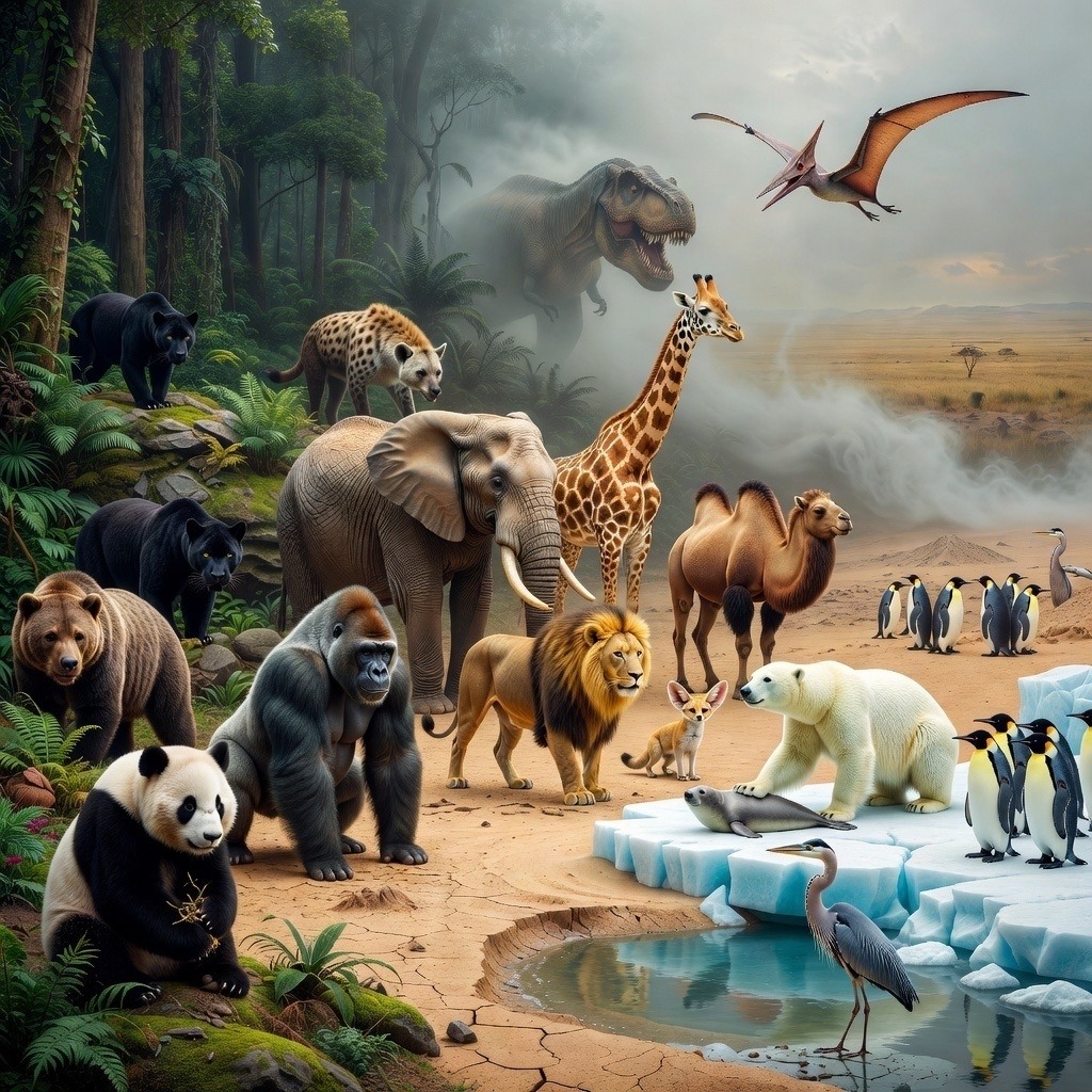 多種動物齊聚的正方形生態場景：貓熊、大猩猩、大象、獅子、長頸鹿、駱駝、北極熊與企鵝